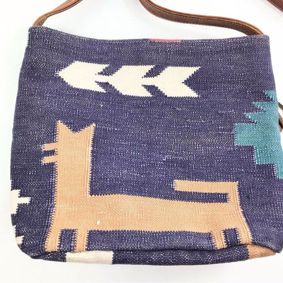 Kilim Purple Blue Tribal Ethnic Rug Design India Leather Strap Shoulder Bag - Picture 8 of 16